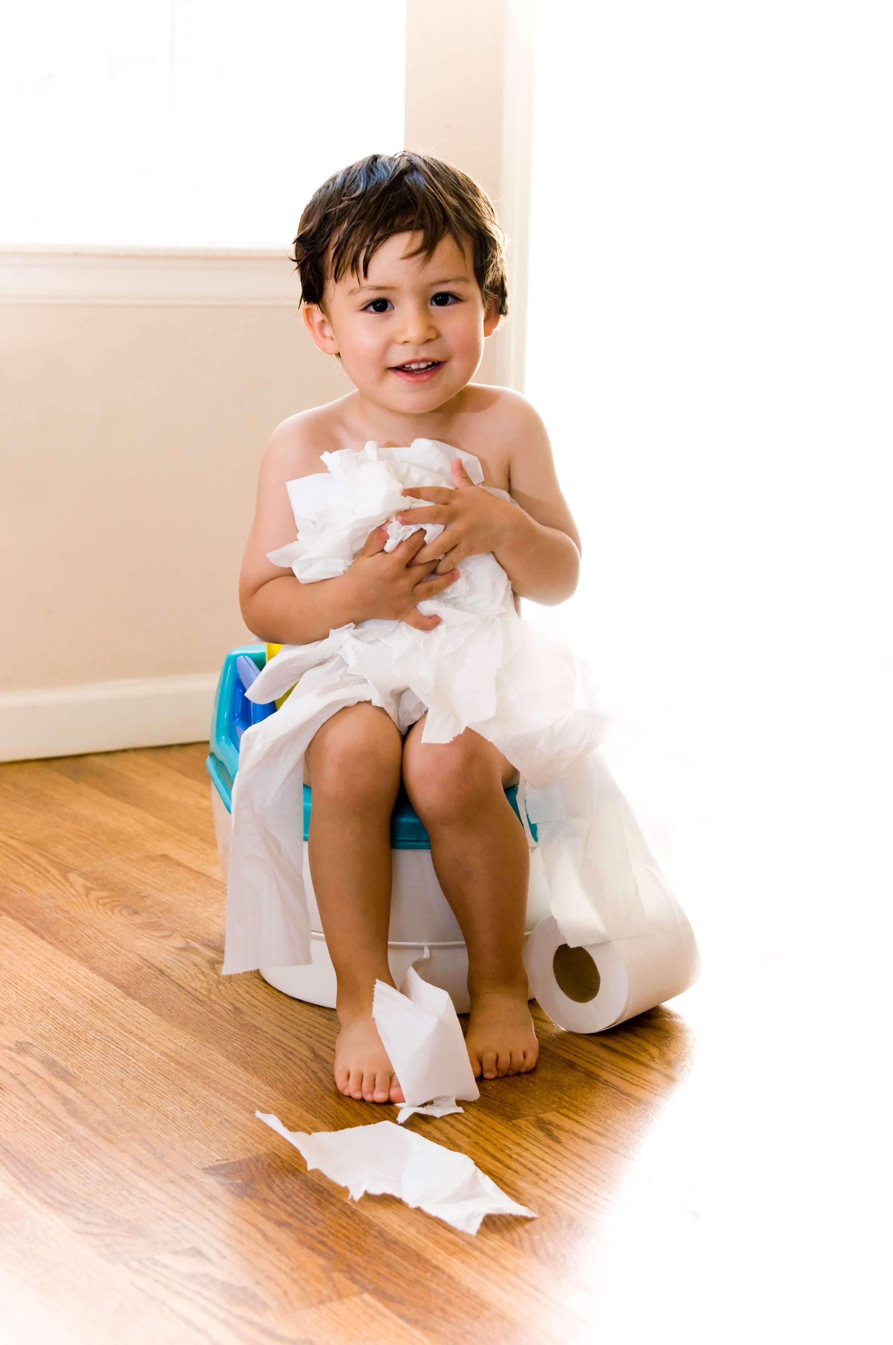 A white, brown-haired toddler boy sitting on a potty and clutching wads of toilet paper 