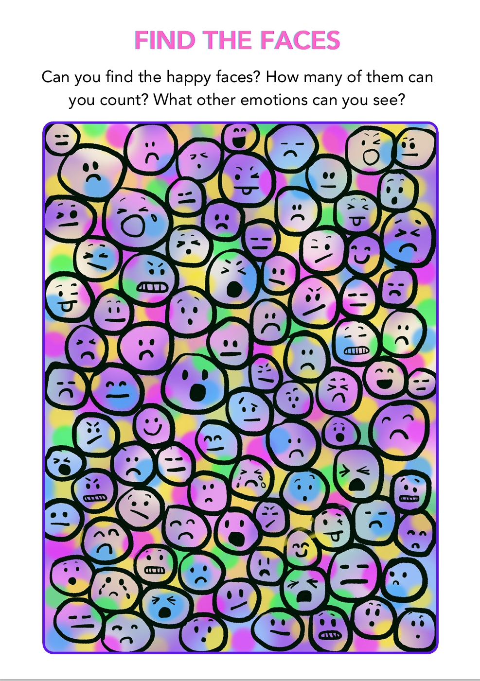 A page of hand drawn faces showing different emotions 