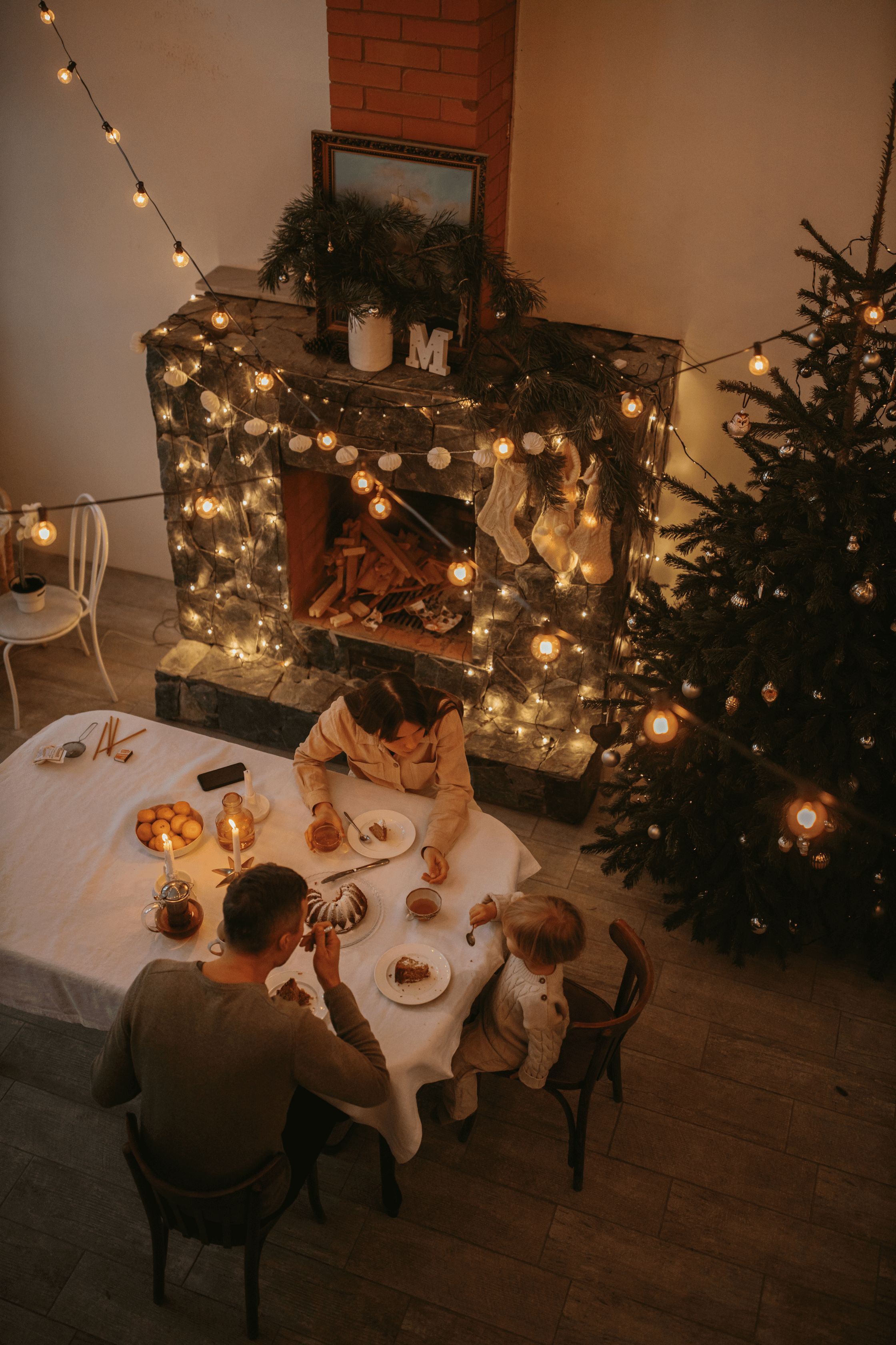 A family eat Christmas dinner