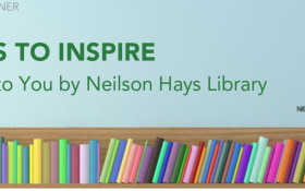 A long shelf, running horizontally across the page, filled with colorful books. 