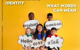 Cover of BAMBI Magazine five children hold signs saying hello in different languages.