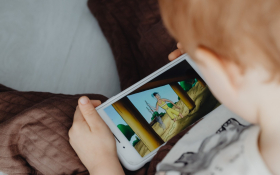 A boy stares at a computer game